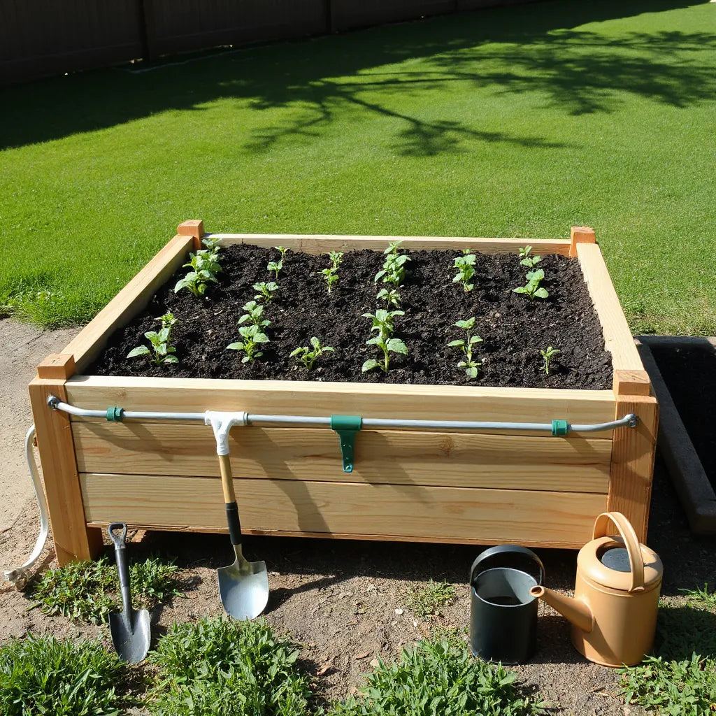 Elevated wooden garden bed with dark soil, seedlings, and simple drip irrigation in a backyard