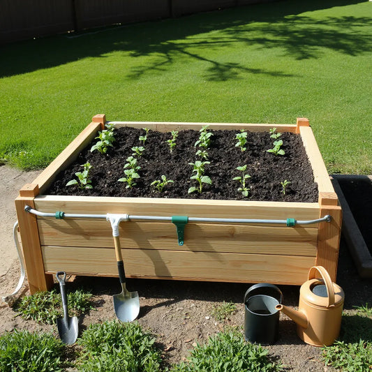 Elevated wooden garden bed with dark soil, seedlings, and simple drip irrigation in a backyard