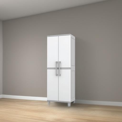 Keter Storage Cabinet with Doors and Shelves for Laundry Room, Garage, Bathroom Accessories, Closet and Home Organization, White & Grey Keter