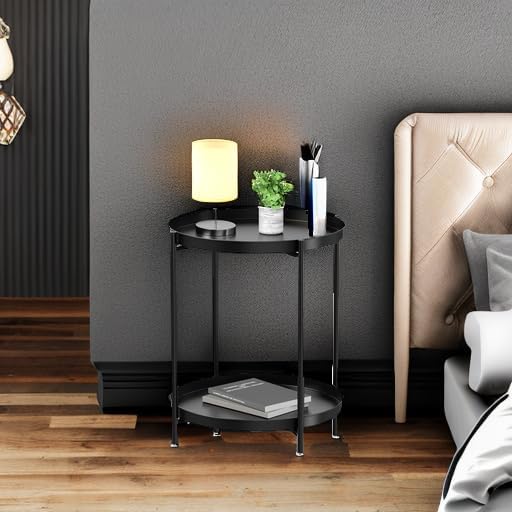 EKNITEY 2 Tier End Table - Metal Side Table Waterproof Small Sofa Coffee Side Tables Bedroom Indoor Outdoor with Removable Tray for Living Room Bedroom Balcony and Office (Black) EKNITEY