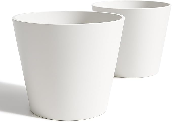 Wide Planters for Outdoor Plants, Extra Large Indoor Flower Pots for Garden, Front Porch, Patio - Round Resin Planter Set of 2 (White, 16 inch - 2 Pack) Heyzier