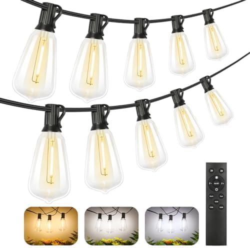 Brightever 3 Color in 1 LED Outdoor String Lights with Remote, 100FT Edison Hanging String Lights for Outside Dimmable, Outdoor Lighting for Patio Café Bistro with 52 ST38 LED Bulbs, 2700K/4000K/5000K Brightever