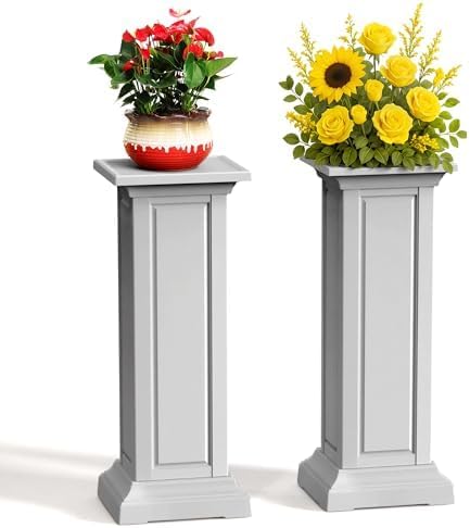 36in Tall Resin Planter Set of 2,Large Outdoor Planter for Porch, Garden, and Balcony, Weight-Bearing Top, Weather-Resistant, Classic Estate Design for Flowers and Trees(Ashen) OutdoorLivingPerfected