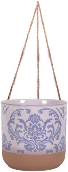 Blue Sky Clayworks 5" Hanging Chantel Blue Planter, Ceramic, 6" x 6" x 5", Soft Blue Damask & Clay Foot BlueSkyClayworks