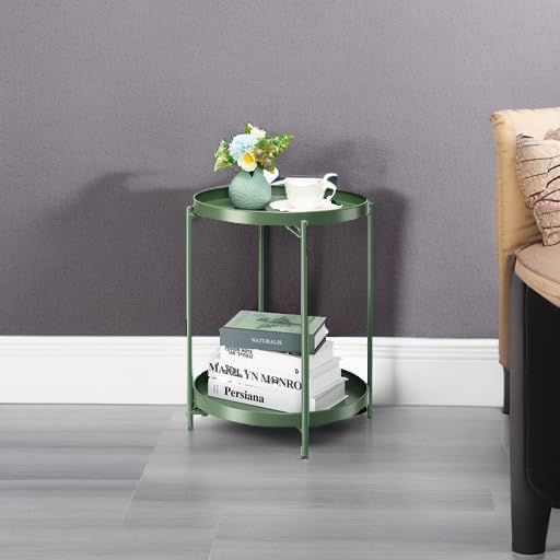 danpinera 2 Tier Metal Side Table with Removable Tray, End Table Outdoor Small Accent Table, Anti-Rust Green Nightstand for Bedroom Balcony Patio (Dark Green) danpinera