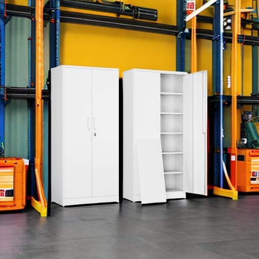 Yizosh Metal Garage Storage Cabinet with 2 Doors and 5 Adjustable Shelves - 71" Steel Lockable File Cabinet,Locking Tool Cabinets for Office,Home,Garage,Gym,School (White) Yizosh