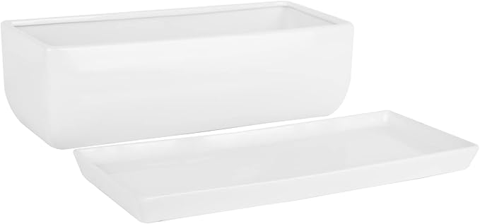 Vencer 14 Inch Rectangular Modern Minimalist Ceramic Succulent Planter Pot - Window Box with Saucer,Office Desktop Potted Stand,White,VF-0173W Vencer