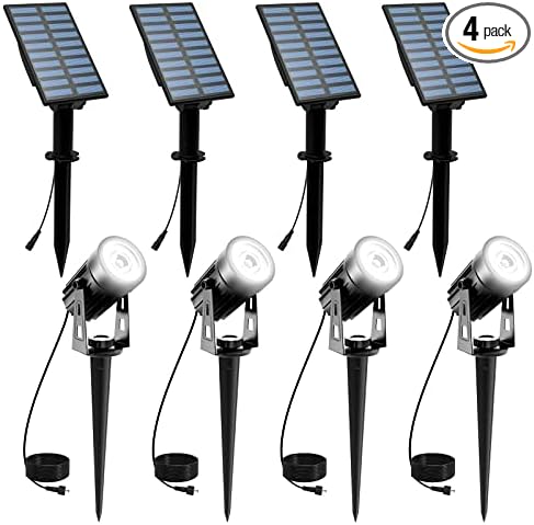 T-SUNUS Solar Spot Lights Outdoor White Christmas 4 Pack IP65 Waterproof Landscape Spotlights 6000K Separate Panel with 9.8ft Cable Auto On/Off for Flag Pond Trees Driveway Garden Pathway Halloween T-SUNUSLighting
