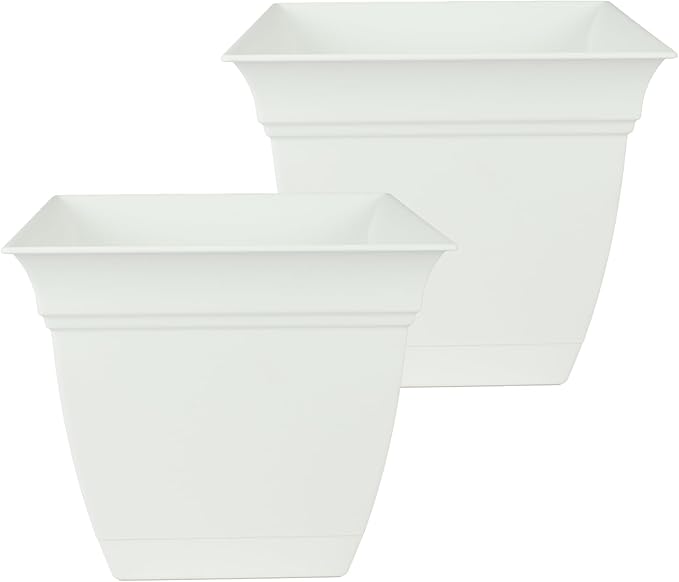 The HC Companies 12 Inch Eclipse Square Planter Pots with Drainage Holes & Attached Saucer, Lightweight UV-Resistant Plastic Indoor Outdoor Planters, 2-Pack Flower Pots for Garden & Home Decor, White TheHCCompanies