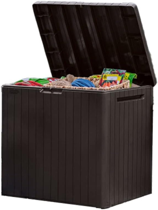 Keter City 30 Gallon Resin Outdoor Storage Box and Patio Furniture Side Table for Pool and Garden Accessories, Brown Keter