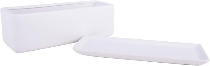 Vencer 12 Inch Rectangular Modern Minimalist Ceramic Succulent Planter Pot - Window Box with Saucer,Office Desktop Potted Stand,White,VF-0135 Vencer