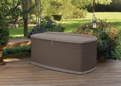Rubbermaid Large Resin Outdoor Storage Deck Box with Seat (90 Gal), Weather Resistant, Brown, Deck Organization for Home/Backyard/Pool Chemicals/Toys/Garden Tools/Porch/Patio Cushions Rubbermaid