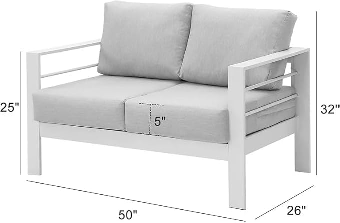 Kiss the Water Outdoor Patio Furniture Loveseat Sofa, All-Weather Metal Aluminum Patio Couch with 5" Thick and Soft Cushion and Wide Arm, Outdoor Couch for Balcony, Porch, Backyard KisstheWaterPatioTool