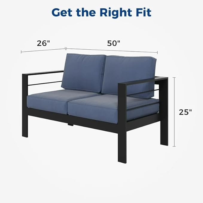 Kiss the Water Outdoor Patio Furniture Loveseat Sofa, All-Weather Metal Aluminum Patio Couch with 5" Thick and Soft Cushion and Wide Arm, Outdoor Couch for Balcony, Porch, Backyard KisstheWaterPatioTool