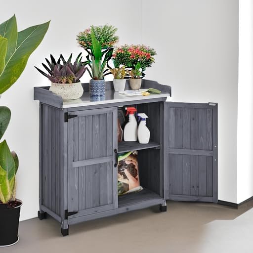 Yaheetech Garden Potting Bench Table, Outdoor Garden Horticultural Wooden Storage Cabinet & Solid Wood Planting Work Bench with Large Space Storage & Metal-Plated Tabletop, Gray Yaheetech
