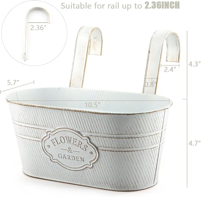 3 Pack Metal Railing Planters, 10.5" Oval Hanging Flower Pots with Detachable Hooks & Drainage Holes, Fits Rails up to 2.36", Galvanized Iron Fence Bucket for Balcony Garden Patio - Letter White MeltsetM