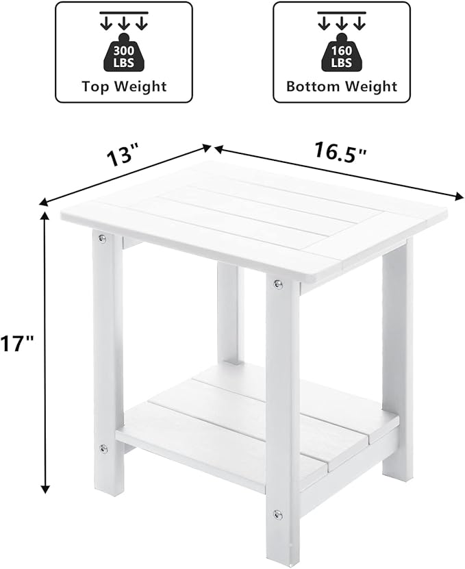 Double Adirondack Outdoor Side Table Weather Resistant, Patio Rectangular End Table for Adirondack Chair, White Meluvici