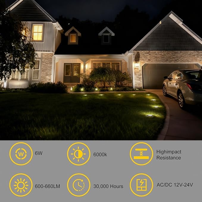 JESLED Outdoor Landscape Lights, 6W LED In Ground Well Lights, 12V 24V 3000K Warm White, IP67 Waterproof Low Voltage Landscaping Spotlight for Driveway Deck Step Yard Fence Garden Pathway (12 Pack) JESLED