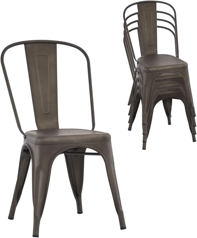 Nazhura Metal Dining Chair Farmhouse Tolix Style for Kitchen Dining Room Café Restaurant Bistro Patio, 18 Inch, Stackable, Waterproof Indoor/Outdoor (Sets of 4) (Steel Seat, Bronze) NazhuraGoodCompanionAtHome