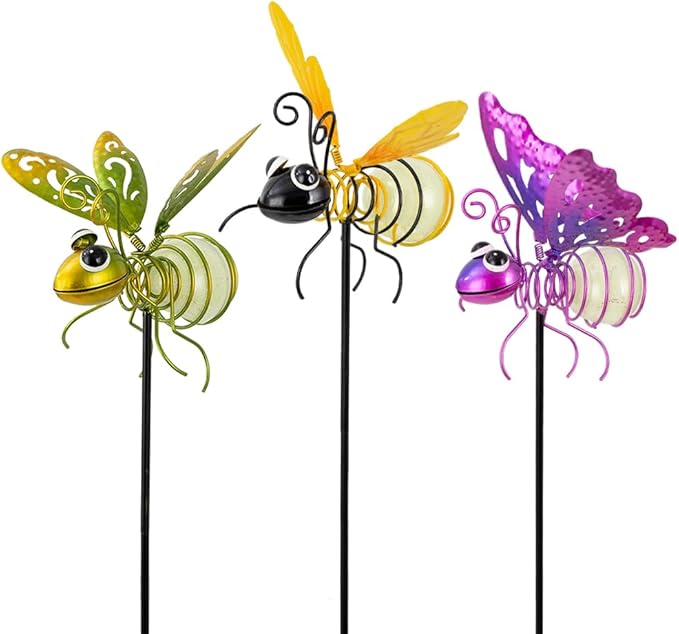 Garden Decor for Outside,3 Pcs Luminous Insect Garden Decorative Stakes,Glow in The Dark Bee Lights Metal Yard Art,Waterproof Outdoor Spring Lawn Patio Pathway Decoration for Mom,Women,Grandma SATHGA