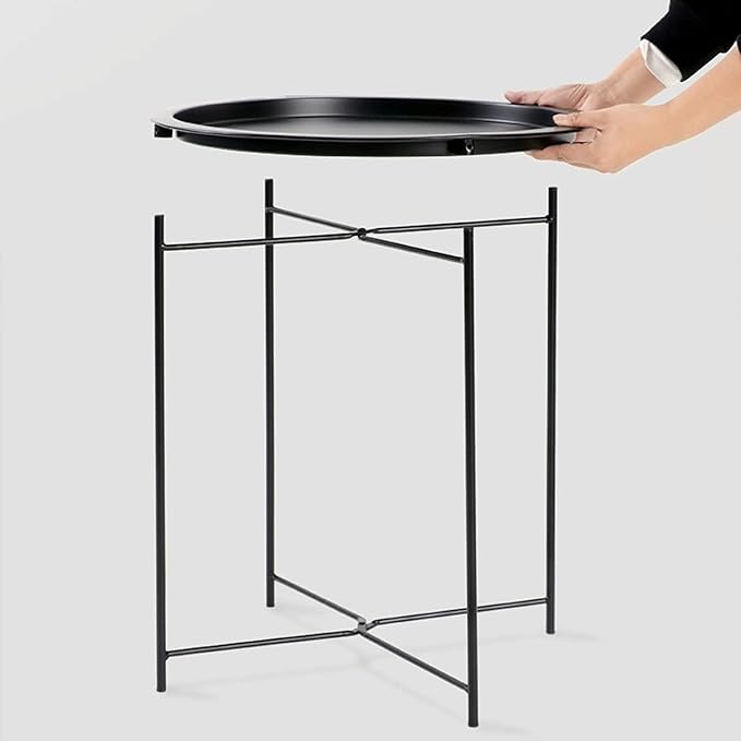 Garden 4 you End Table 2 PCS Metal Side Table Black Round Folding Tray Cyan Sofa Small Accent Fold-able Table, Round End Table Tray, Next to Sofa Table, Snack Table for Living Room and Bed Room Garden4you