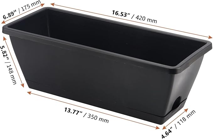 LEXININ 6 Pack 17 Inch Black Plastic Rectangular Window Planter Box, Window Vegetable Planter Box with Trays, Rectangular Flower Pots for Windowsill, Garden, Balcony, Patio, Black LEXININ
