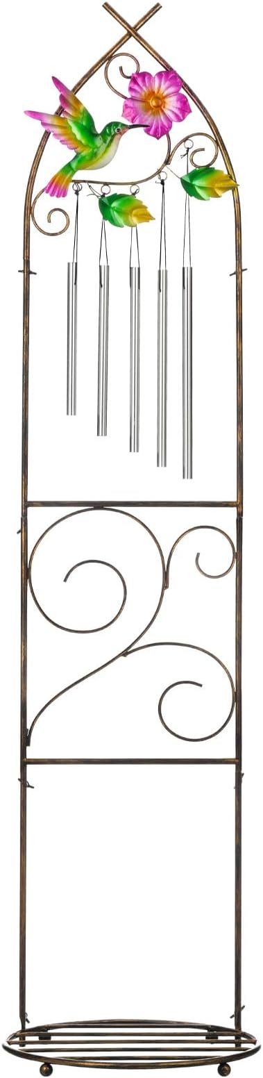 Plant Stands with Garden Trellis, 48” Metal Standing Wind Chimes Plant Pot Trellis with Hummingbird for Garden Patio Backyard Climbing Plants Outdoor Decor LEWIS%26WAYNE