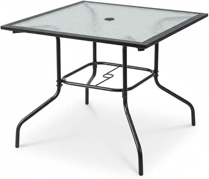 Tangkula 35 Inch Patio Dining Table with Tempered Glass Top, Square 4-Person Outdoor Bistro Table with 1.5" Umbrella Hole & Sturdy Metal Frame, Patio Dining Table for Backyard, Lawn, Deck & Poolside TANGKULA