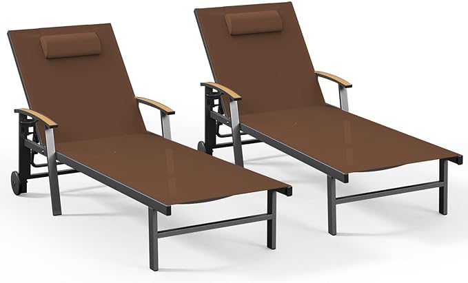 Ciokea Outdoor Lounge Chair with Pillow Set of 2, 5-Position Aluminum Chaise Lounge with Wheels & Armrests, 400 lbs Heavy Duty Patio Pool Chair for Backyard, Deck, Beach & Poolside, Brown CIOKEA