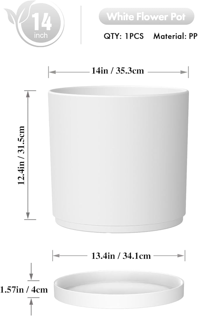 14 Inch Heavy-Duty Cylinder Deep Planter for Indoor Outdoor Plants, Tall Large Plastic Plant Pot with Drainage Holes and Saucer, Decorative Flower Pot for Patio Garden, White WSMKSZ