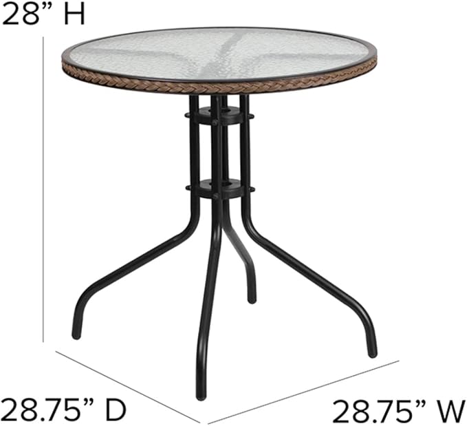 Flash Furniture Lila 28'' Round Glass Metal Table with Dark Brown Rattan Edging and 2 Dark Brown Rattan Stack Chairs FlashFurniture