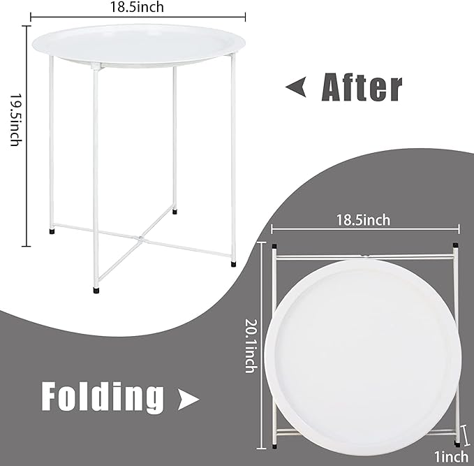 Garden 4 you End Table Metal Side Table Round Folding Tray Cyan Sofa Small Accent Fold-able Table, Round End Table Tray, Next to Sofa Table, Snack Table for Living Room and Bed Room,White Garden4you
