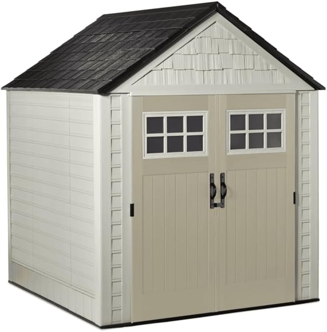Rubbermaid 7 Foot by 7 Foot Weatherproof Outdoor Storage Shed for Garden Tools and Lawn Machinery Organization with Lockable Double Door Sandstone Rubbermaid
