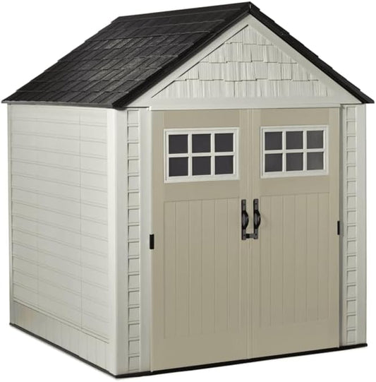 Rubbermaid 7 Foot by 7 Foot Weatherproof Outdoor Storage Shed for Garden Tools and Lawn Machinery Organization with Lockable Double Door Sandstone Rubbermaid