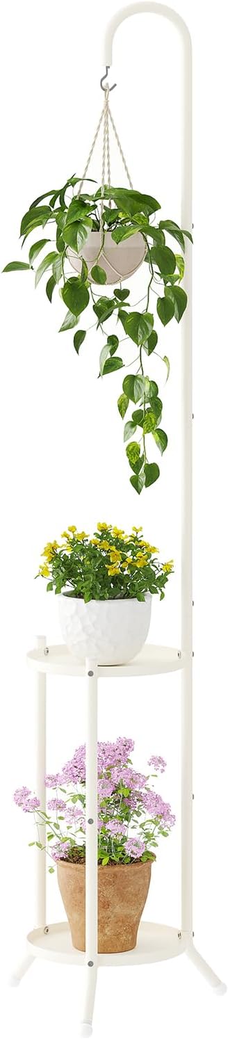 2-Tier Metal Plant Stand with Hanging Hook, Indoor Outdoor Plant Shelf,Heavy Duty Plant holder Rustproof Iron Multiple Plant Round Supports Rack for Planter Corner Garden Balcony Patio (Cream) Rootora