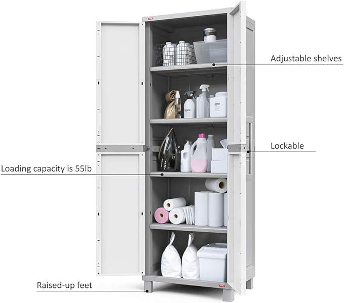 Keter Storage Cabinet with Doors and Shelves for Laundry Room, Garage, Bathroom Accessories, Closet and Home Organization, White & Grey Keter