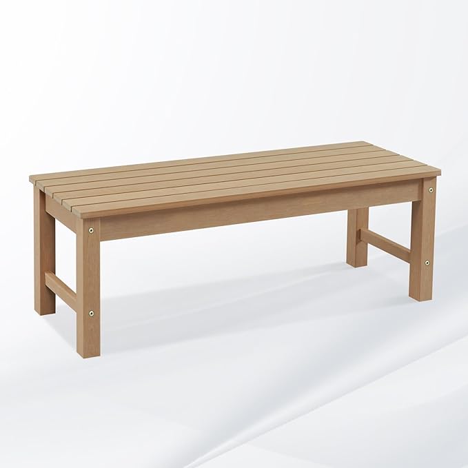 Psilvam Outdoor Bench, Two Person Poly Lumber Porch Bench, Weatherproof Garden Bench That Never Rot and Fade, All-Weather Patio Bench Suit for Garden, Porch, and Park (Teak Color) PsilvamGardenFurniture