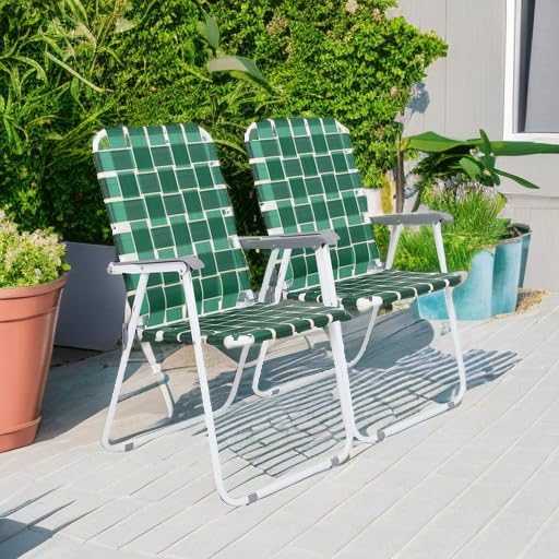 VINGLI Patio Lawn Webbed Folding Chairs Set of 4, Outdoor Beach Chair Portable Dining Chair for Outdoor Yard, Garden (Dark Green, Classic) VINGLI