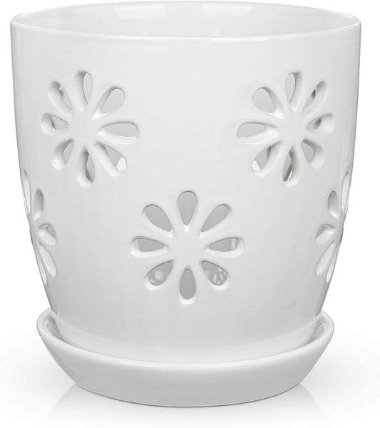Oairse 6 inch Orchid Pots with Holes, White Ceramic Orchid Pot for Repotting Small Indoor Plant Pots with Drainage Holes and Saucers Decorative Flower Planter for Orchids, Indoor Plant Oairse