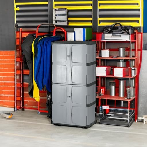 Rubbermaid Freestanding Storage Cabinet Five Shelf with Double Doors Lockable Large 690-Pound Capacity Gray For Garage/Outdoor Garden Tools/Toys/Power Tools/Pool Accessories Grey Rubbermaid