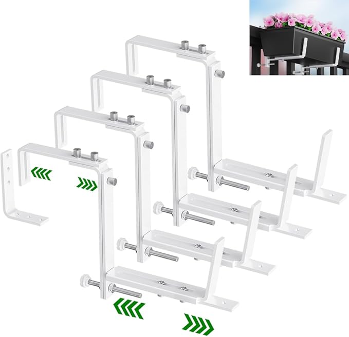 HFHOME Set of 4 Adjustable Window Planter Box Brackets, White Brackets for Window Boxes Planters, Planter Shelving with Adjustable Size The Width of The Bottom of The Planter Box (Patent Registered) HFHOME