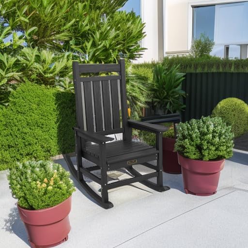 SERWALL Oversized Rocking Chair, Outdoor Rocking Chair for Adults, All Weather Resistant Porch Rocker for Lawn Garden, Black SERWALL