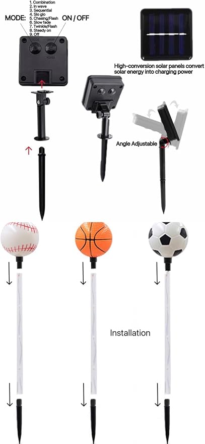 Solar Lights Outdoor, Baseball Soccer Basketball Theme LED Stake Light for Garden Yard Pathway Patio Walkway Landscape Decoration AUGPET