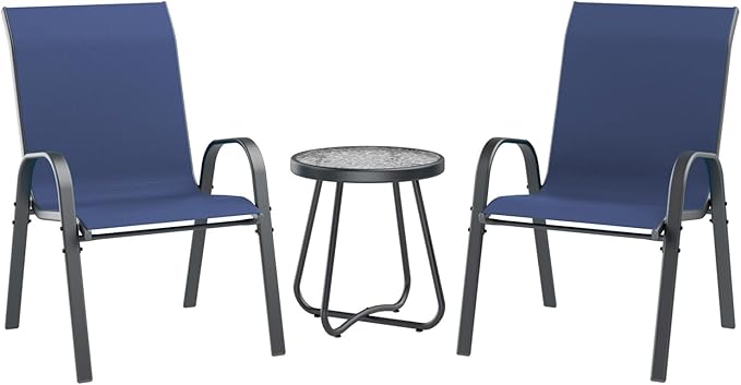 UDPATIO Patio Dining Set of 3, Outdoor Table and Chairs Set with Glass Table, 2 Stackable Patio Chairs with High Back, Outdoor Furniture Sets for Deck Garden Backyard Lawn Poolside (Blue) UDPATIO