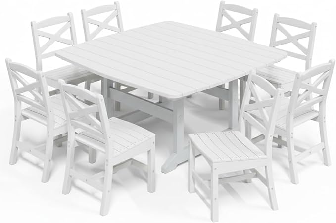 Outdoor Dining Set, HDPE 9-Piece Patio Table and Chairs Set, All-Weather Outdoor Dining Table Set for 8 with Umbrella Hole, Durable Patio Furniture Set with Chairs,White Rootora