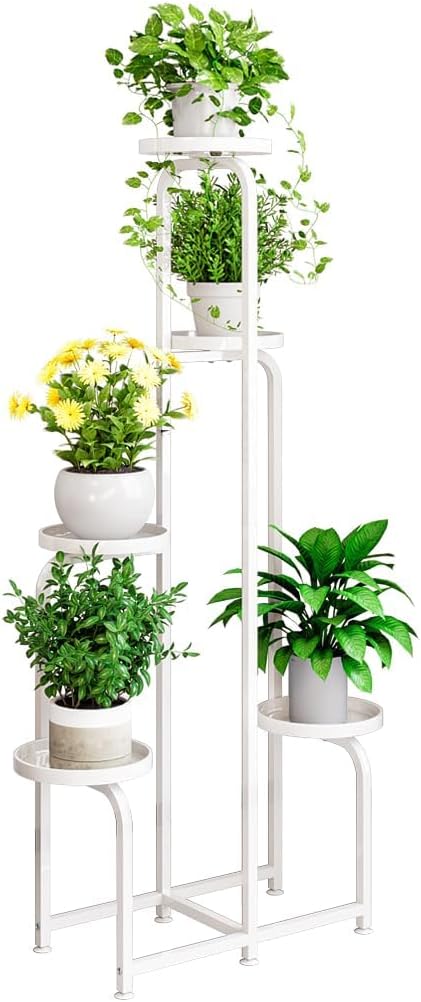 Plant Stand Indoor Outdoor 5 Tier Metal Plant Shelf for Multiple Plants Corner Flower Holders for Living Room Balcony Bedroom Patio Garden, Black (White, 5-Tier) INGIORDAR