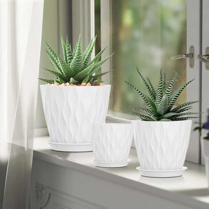 4/4.5/5/5.5/6/6.5/7 Inch Plant Pots,7 Pack Flower Pots with Drainage Holes and Trays,Plastic Planters for Indoor Outdoor Plants Growth,White SQKH