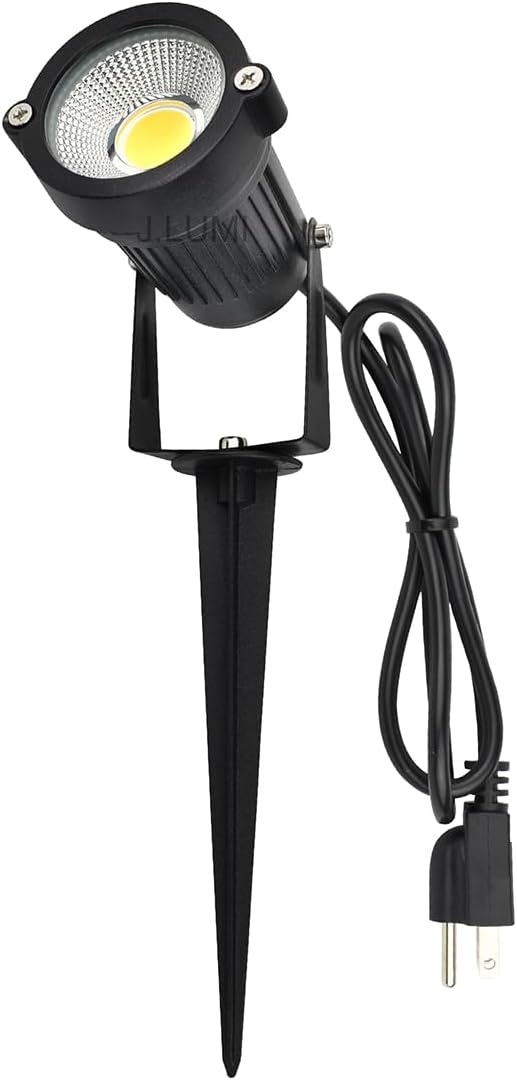 GSS6005 Plug in Spotlight Outdoor, 5W LED Landscape Spotlight 120V, 3000K Warm White, Metal Construction with Ground Stake, 3ft Cord and Plug, Black JAYLUMI