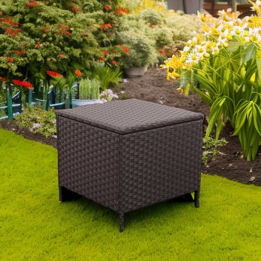 Outdoor Wicker Storage Side Table, Patio Brown PE Rattan End Table with Storage, Square Container for Furniture Covers, Toys, and Gardening Tools Lvidenoutdoor
