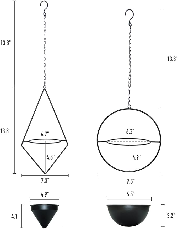 Metal Hanging Planters, Modern Plant Hanger with Pots, Set of 2 Black Plant Holders in Diamond and Round Shape, Small Wall and Ceiling Planter for Indoor Plants, Home Décor- Black HemePaha